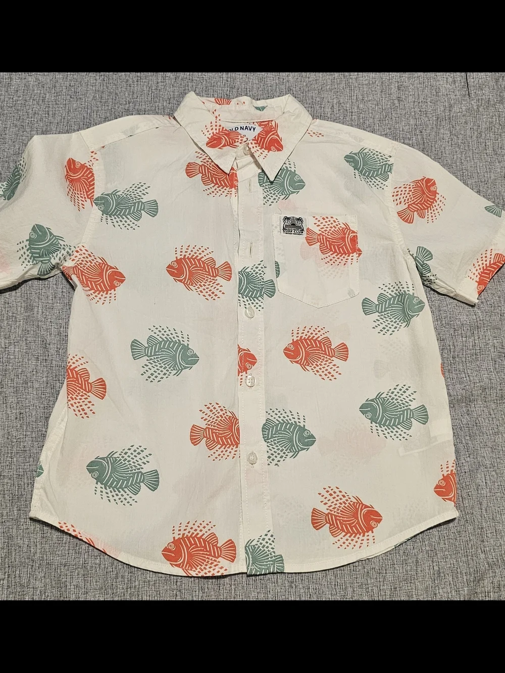Old Navy Cream Short-Sleeve Button-Up with Coral & Teal Fish Print